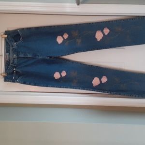 NEW MAX Boho Hippie stretchy jeans with Hand Painted pink rose detail Sz L***